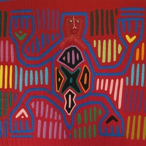 Mola Jumping Man Colorful Folk Art Textile 16x20 Matted Kuna Panama Handcrafted